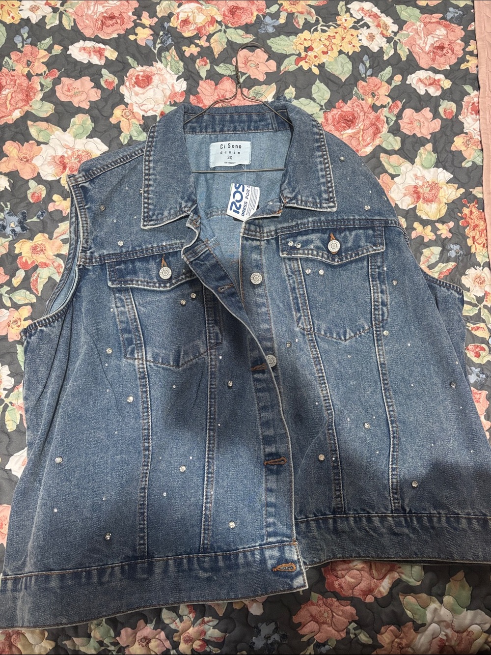 Ci Sono Blue Denim Vest with Crystal Studs